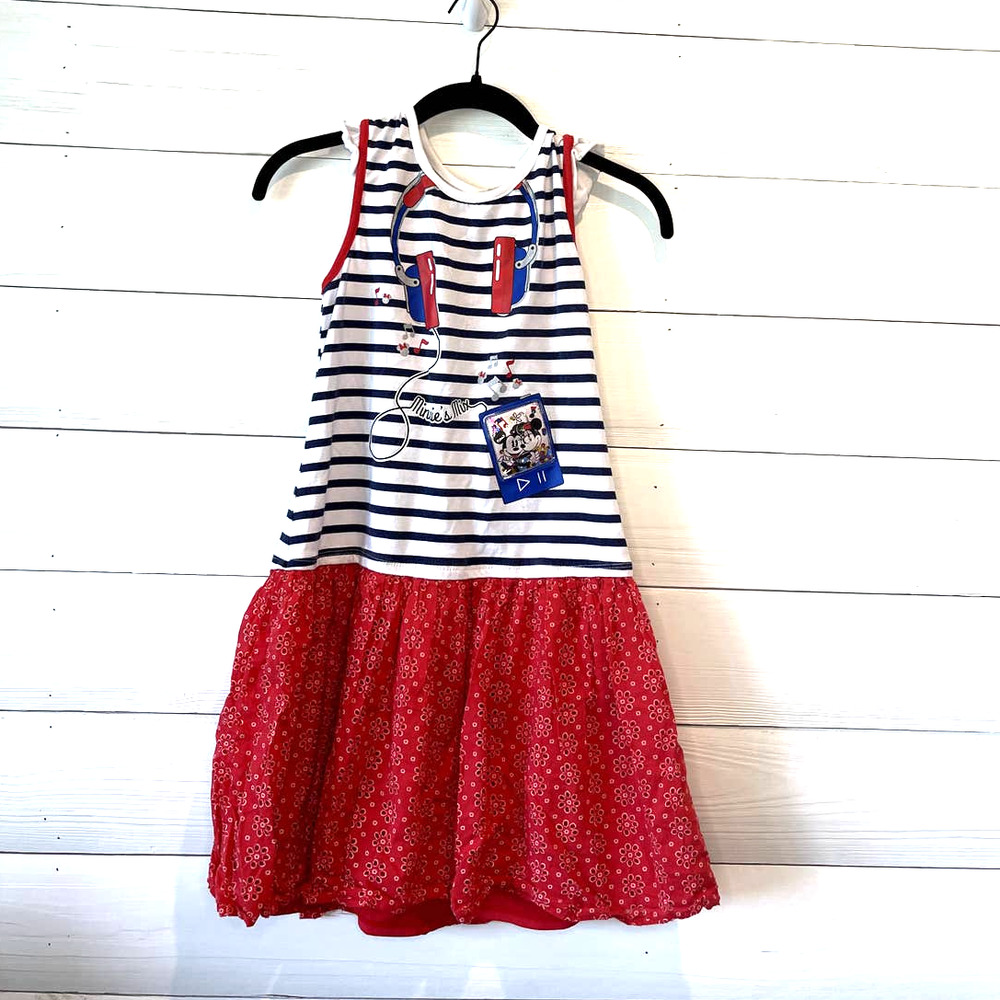 Disney Red White Blue Sleeveless Dress w/ Music Player Print, Minnie's Music Mix